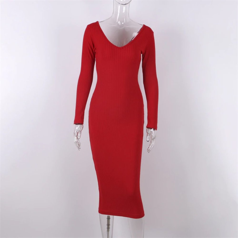 "ANGORA" Ribbed knit midi longsleeve dress in Red